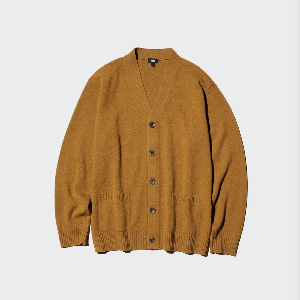 Unisex Uniqlo Lambs Wool Brown Yellow Cardigan Button Sweater V Neck US M Medium